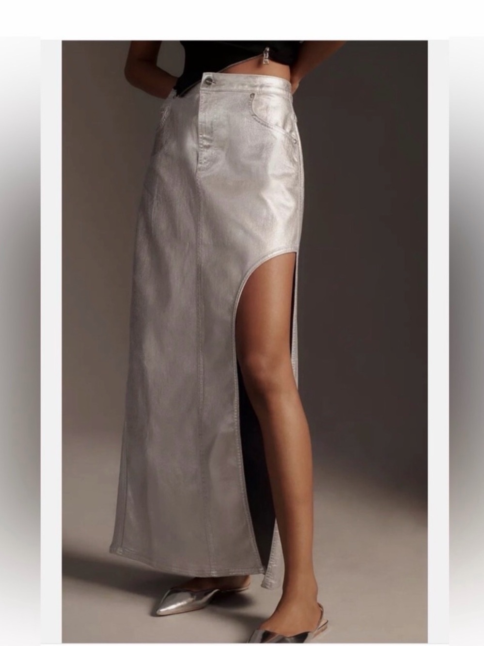 Pilcro Metallic Silver High-Slit Maxi Skirt